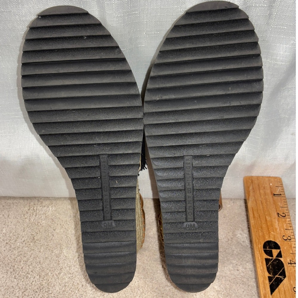Tommy Hilfiger Black Tan Canvas Leather Espadrille Wedge Sandals Womens 9M - Picture 7 of 8